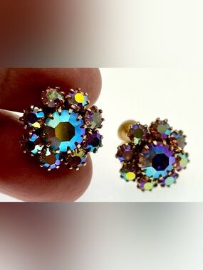 Vintage Rhinestone Aurora Borealis Screw Back Earrings Gold Tone Cluster MCM